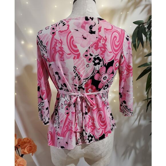 Vtg 90s Y2K La Khaki Floral Asymmetrical Babydoll Top Sz L Pink Fairy Clueless - Picture 3 of 11